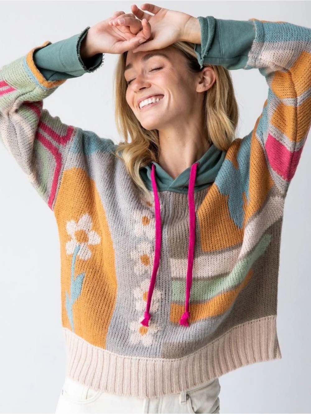 Natural Life Knit Colorblock Floral Boho Oversized Hoodie Size Small